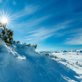 Steinplatte im Winter mit Blick in die Tirolen Alpenkette