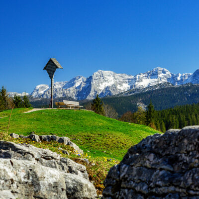 Winklmoos Alm im Frühling mit Loferersteinberge und Almkreuz, Tirol, Salzburg, Chiemgau, Bayern, Deutschland
